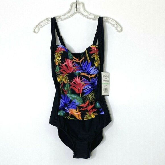 Maxine of Hollywood Women's size 8 Front Shirred One Piece Swimsuit Black Floral - Picture 3 of 12